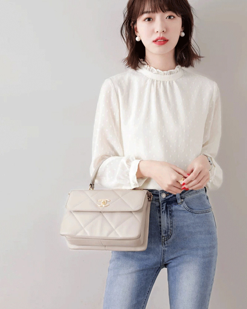 DEER.W 花邊領金絲透膚雪紡上衣 白