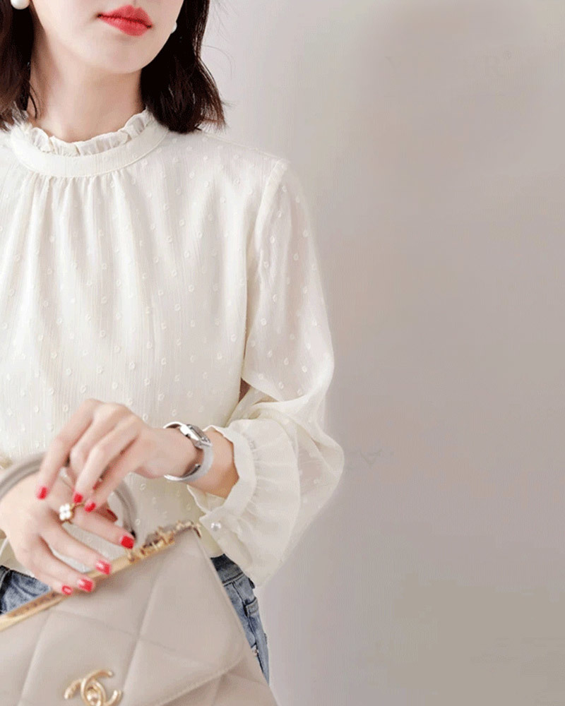 DEER.W 花邊領金絲透膚雪紡上衣 白