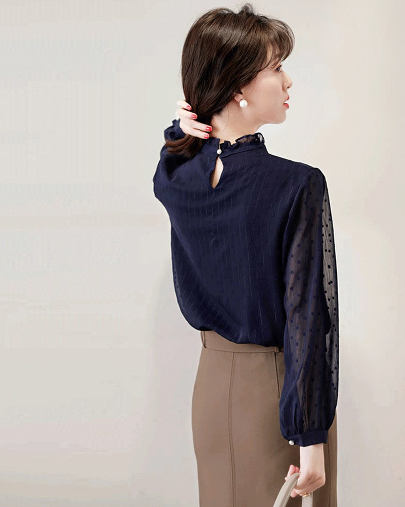 DEER.W 花邊領金絲透膚雪紡上衣 藏青