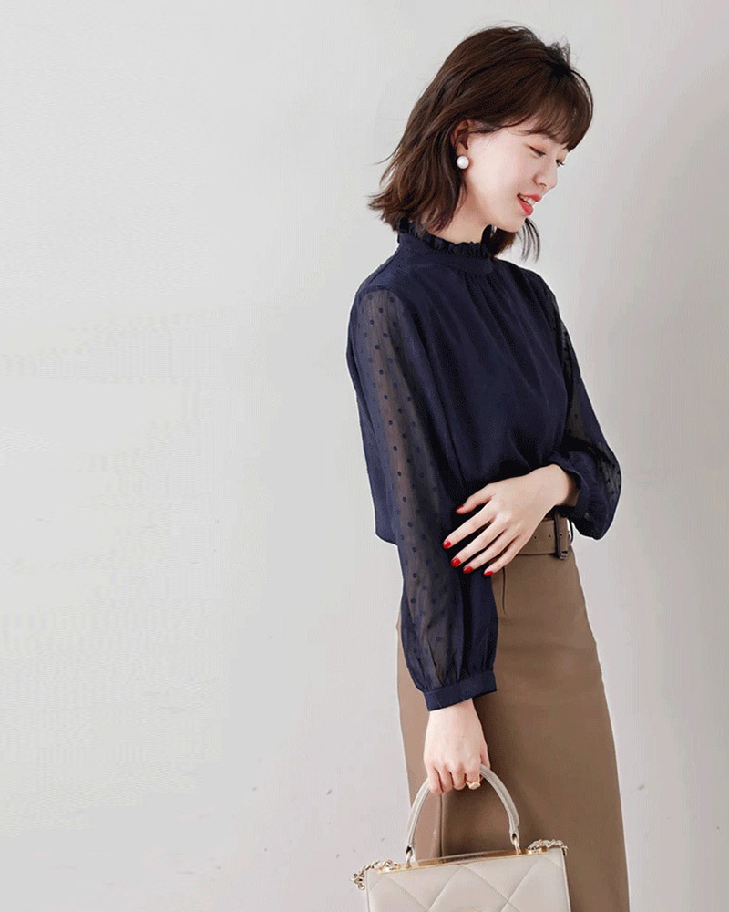 DEER.W 花邊領金絲透膚雪紡上衣 藏青