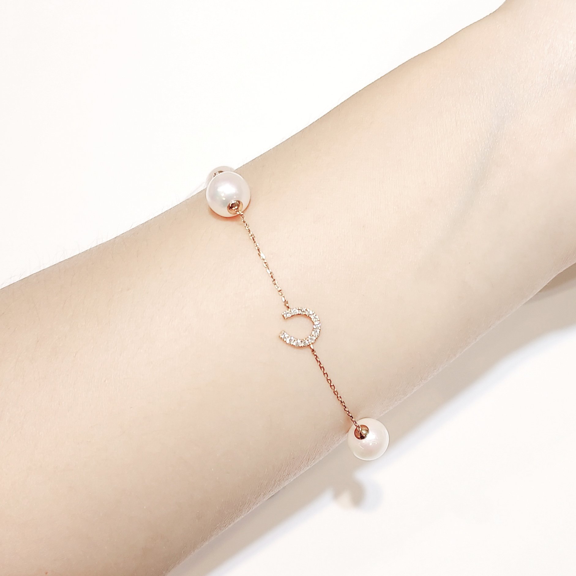 18k玫瑰金天然鑽石馬蹄 Akoya 珍珠手鏈