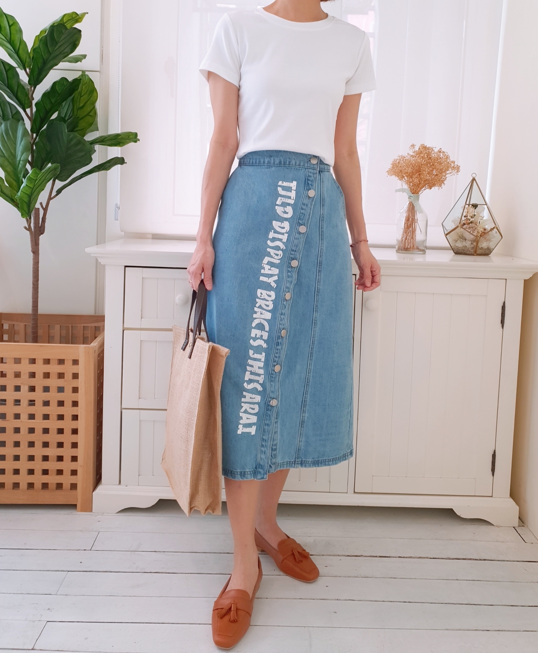 WORDING DENIM MIDI PENCIL SKIRT