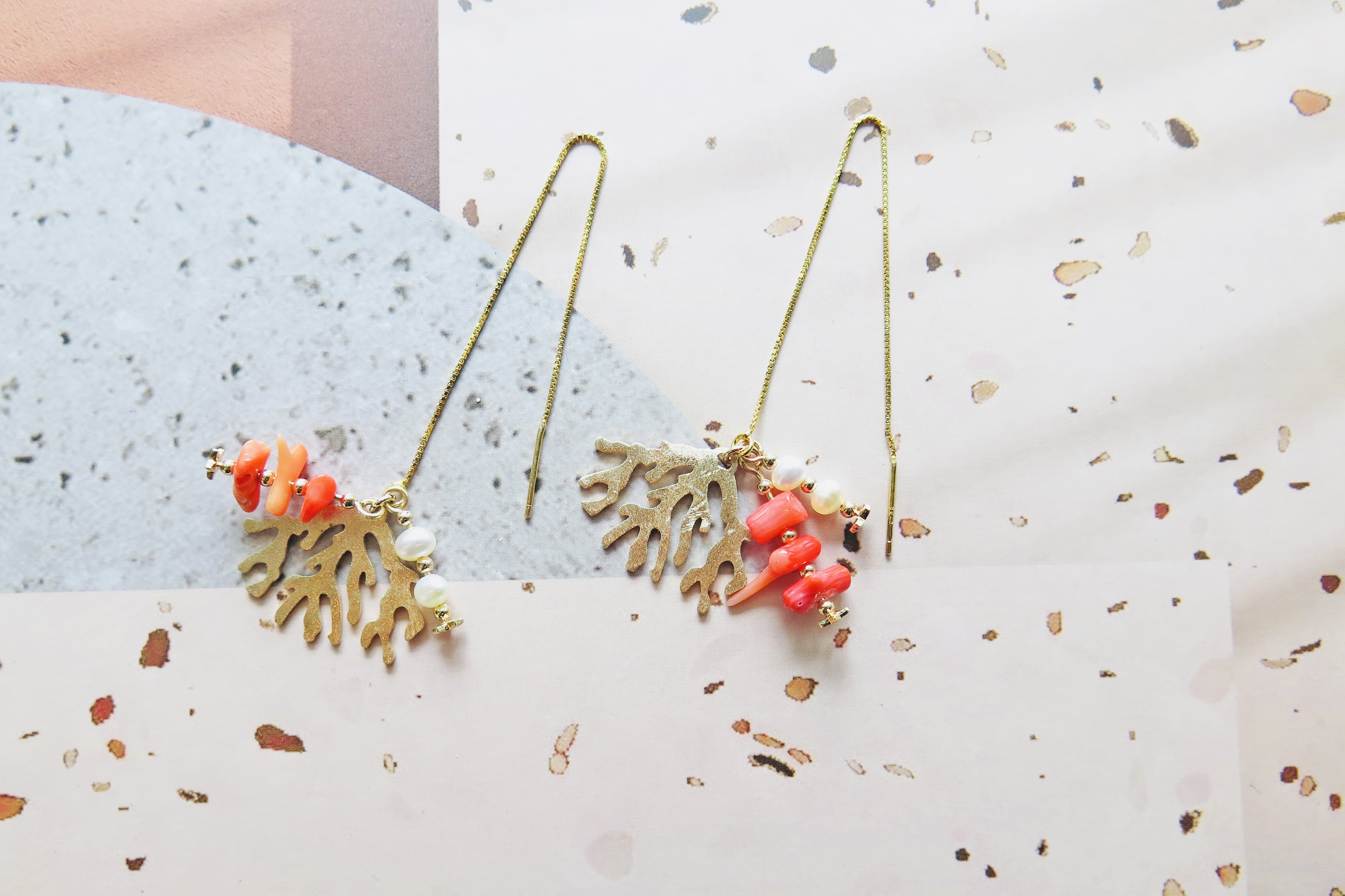 COLE COOL 天然珍珠珊瑚鏈式耳環