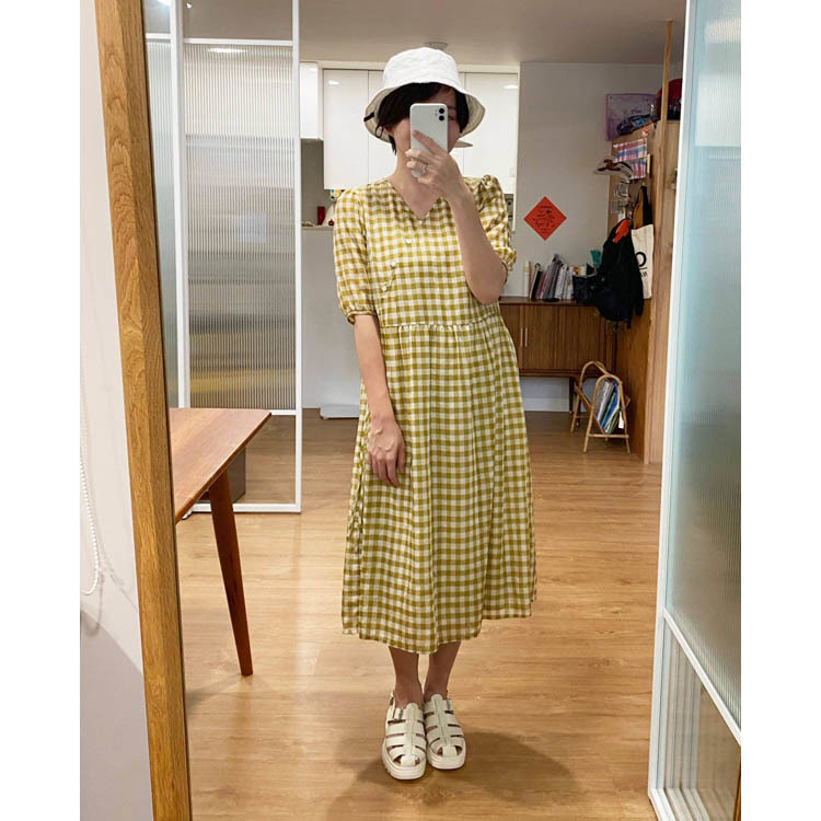 微光格紋漫漫五分袖洋裝-耀眼