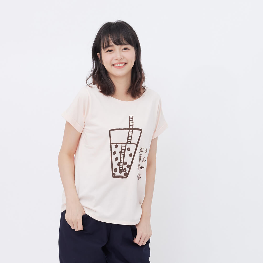 珍珠奶茶方袖寬版女版桔粉TEE 台灣特產 Bubble Tea