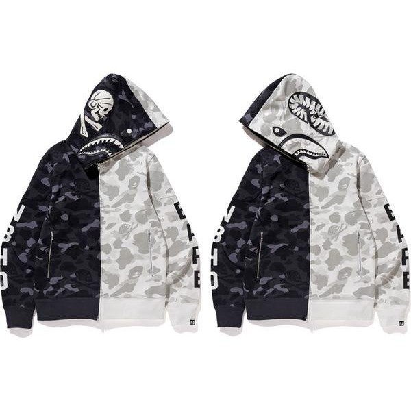A BATHING APE BAPE X NEIGHBORHOOD SPLIT CAMO SHARK FULL ZIP HOODIE (BLACK/WHITE)聯名 拼接鯊魚外套 黑白 陰陽 2018