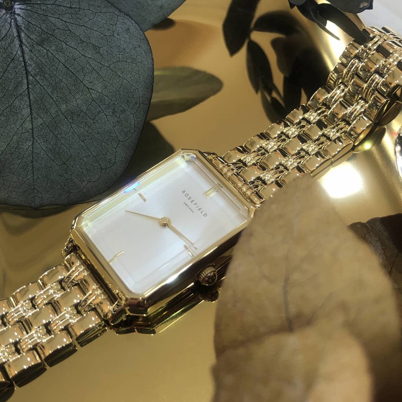 【ROSEFIELD】簡約典雅復古方形錶 珠光白色＋香檳金色 OCWSG-O40 23mm 現代鐘錶