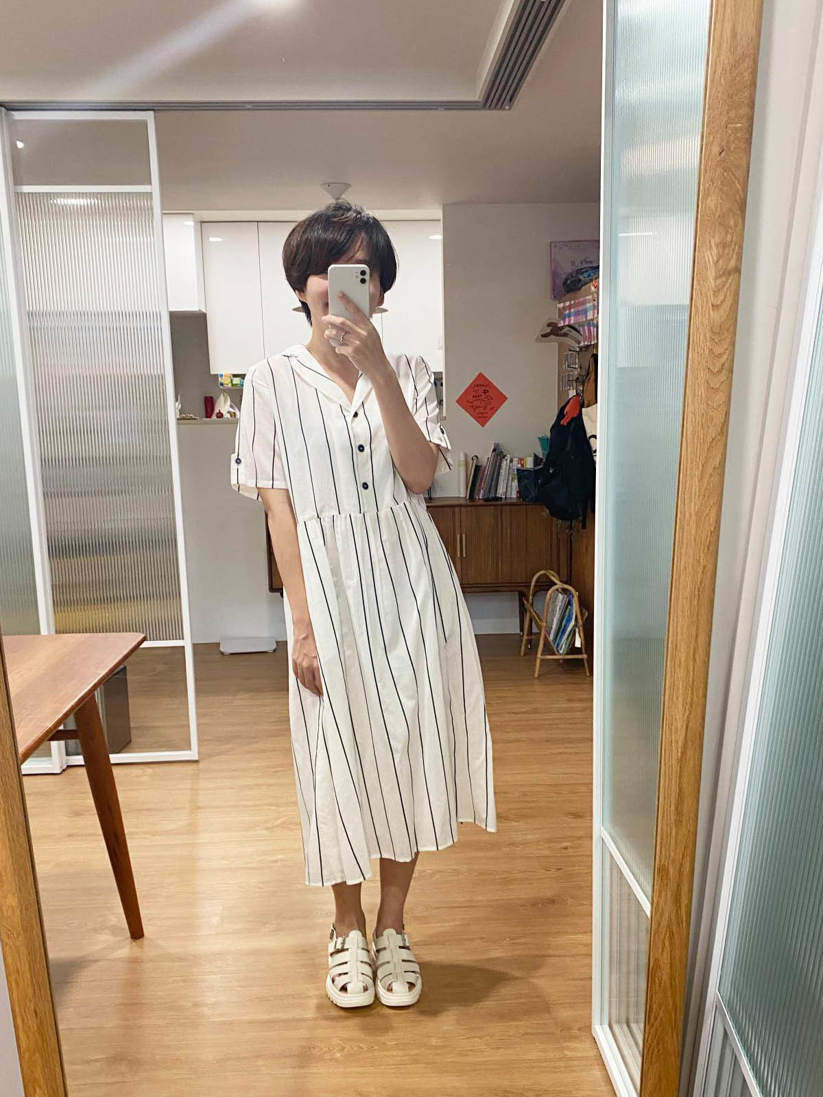 隨風跳舞開襟條紋洋裝-白晝