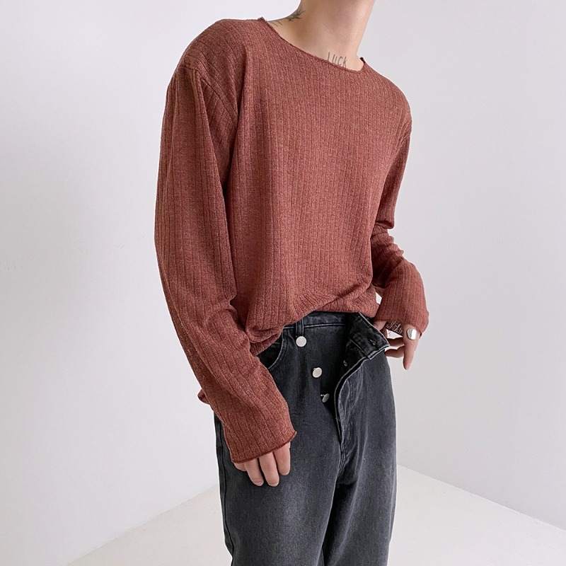 羅紋細節透視大圓領針織長袖T恤