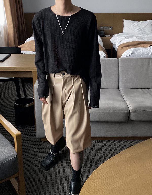 羅紋細節透視大圓領針織長袖T恤