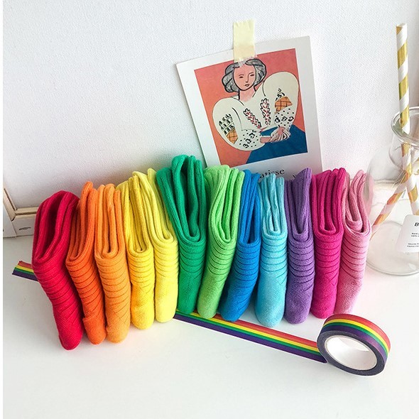 精梳棉七彩亮色坑條襪 12色