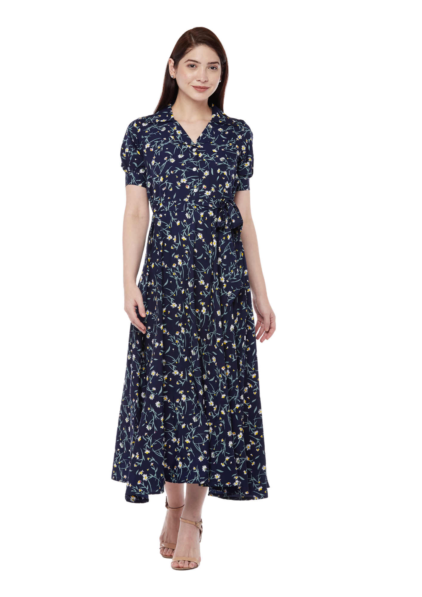Women Navy Blue Soft Cool Floral Long Maxi Dress With Pocket Q1392