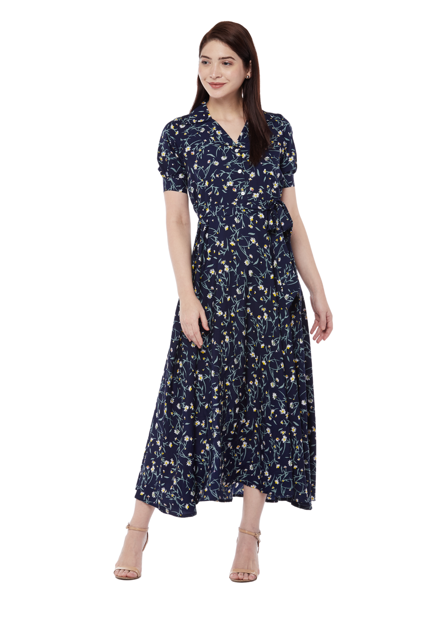 Women Navy Blue Soft Cool Floral Long Maxi Dress With Pocket Q1392