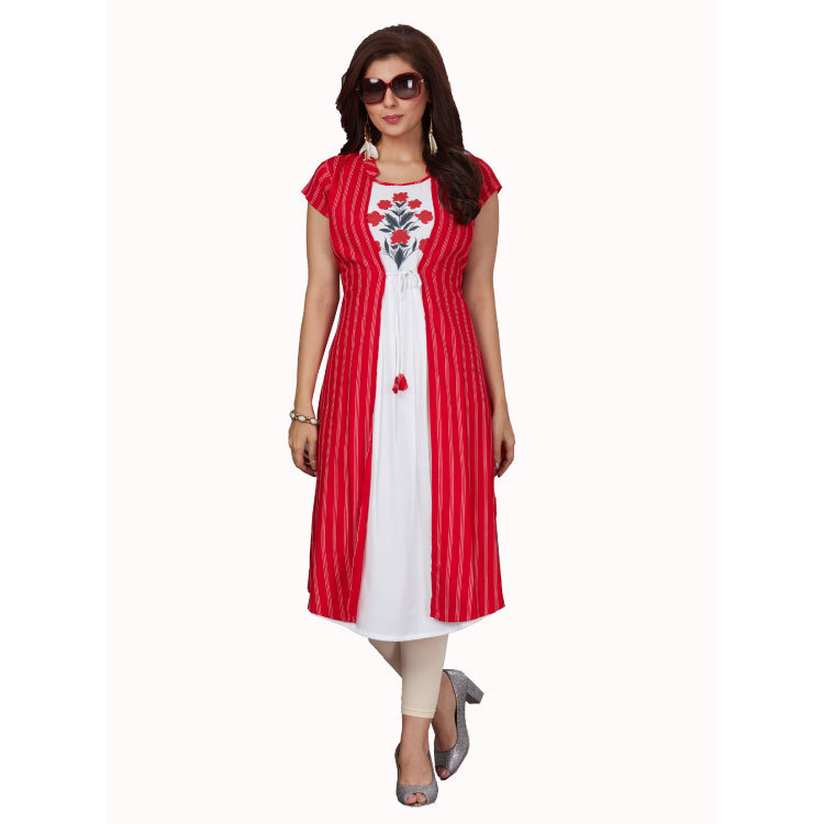Women Red Floral Mid Kurti Dress With Attached Jacket Q1386
