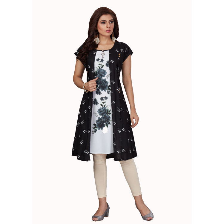 Women Black Rayon Floral Mid Kurti Dress With Attached Jacket Q1387