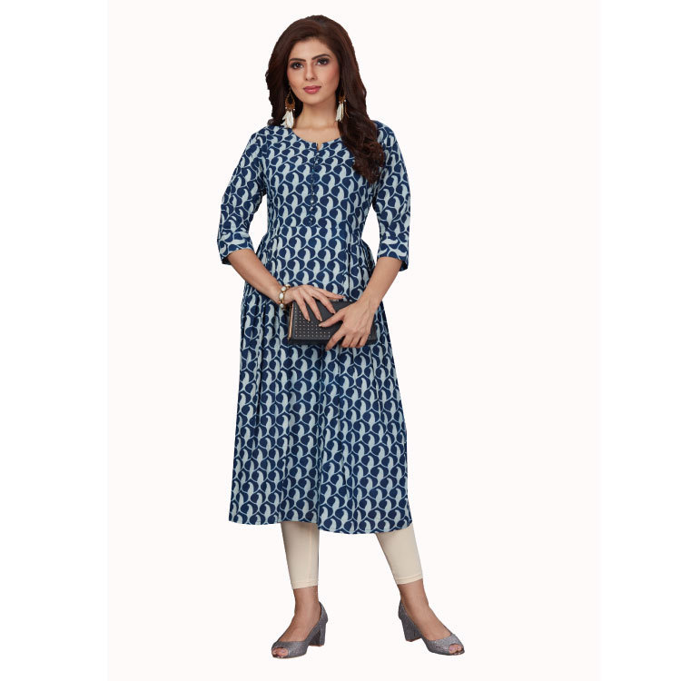 Women Navy Blue Kalamkari Print Maxi Kurti Dress Q1398