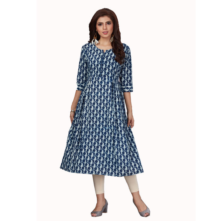 Women Navy Blue Kalamkari Print Maxi Kurti Dress Q1398