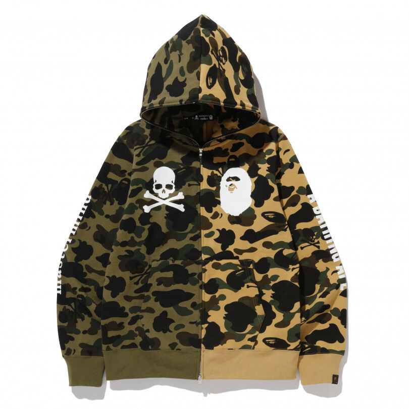 -(B3c02)- A BATHING APE BAPE VS MASTERMIND JAPAN FULL ZIP HOODIE 拼接迷彩 黃綠 猿人+骷髏