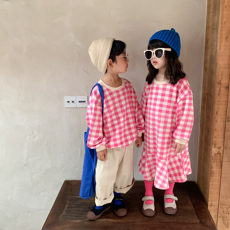 少量現貨 兄妹裝 大格子休閒T/魚尾裙 粉色 80-140cm