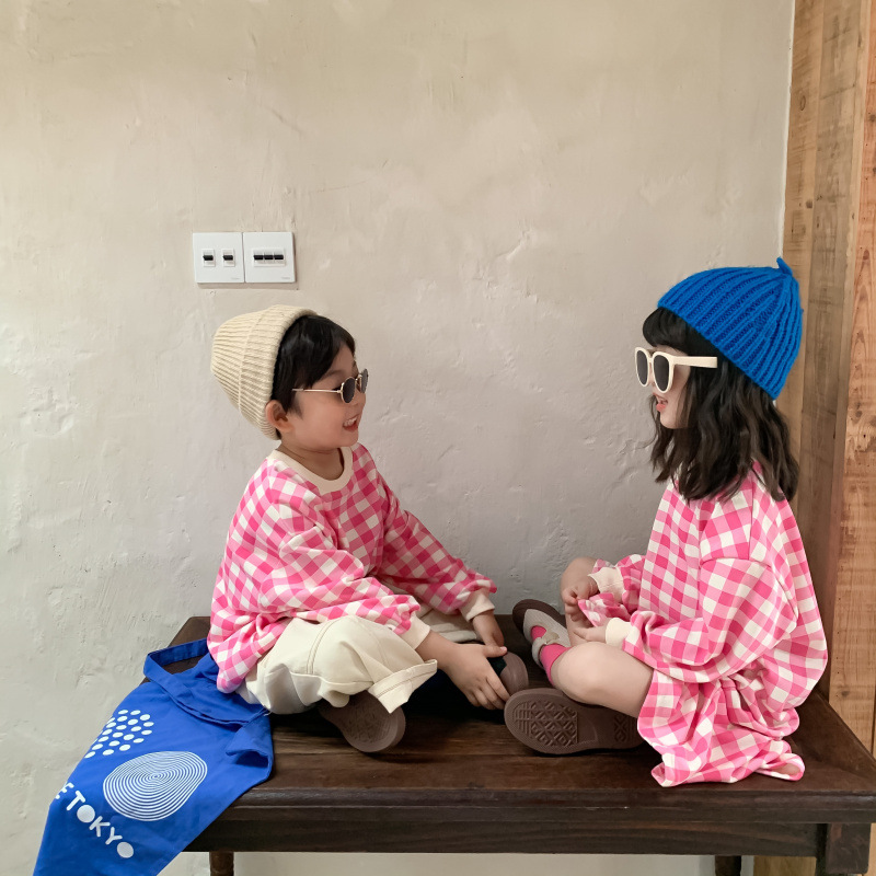 少量現貨 兄妹裝 大格子休閒T/魚尾裙 粉色 80-140cm