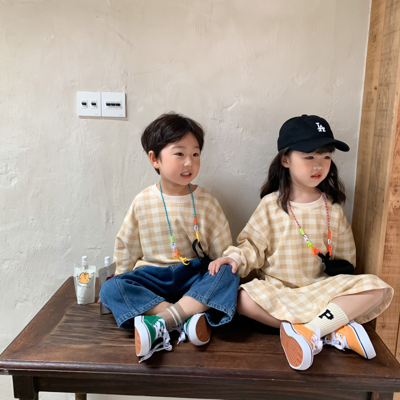 兄妹裝 大格子休閒T/魚尾裙 杏色 80-140cm