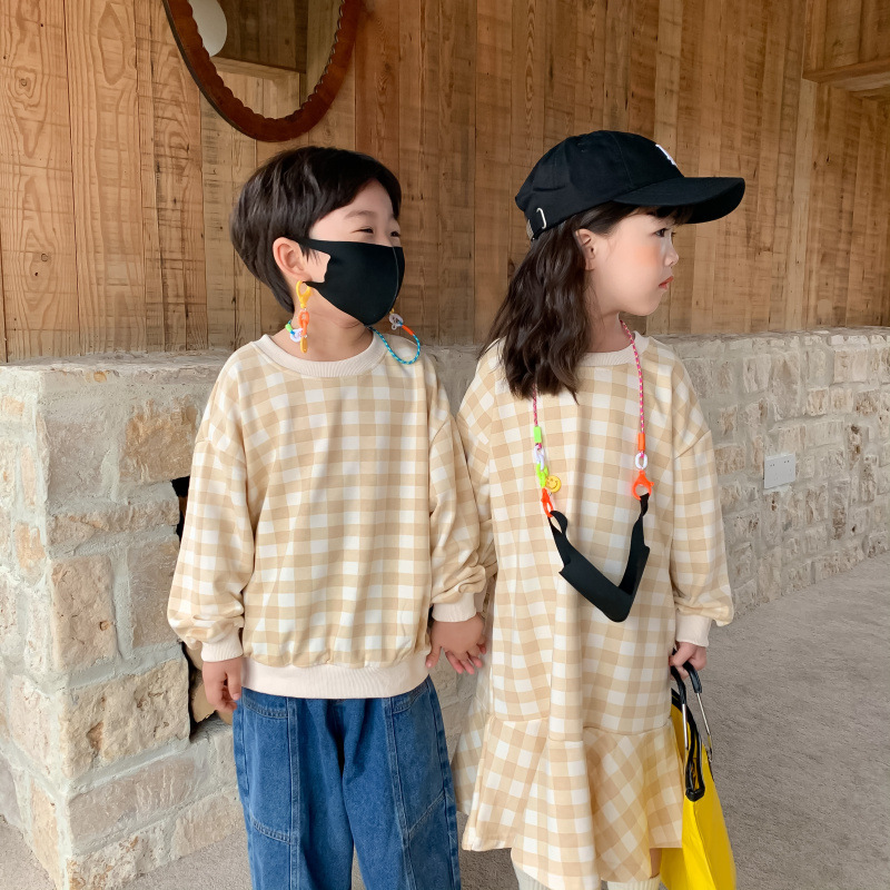 兄妹裝 大格子休閒T/魚尾裙 杏色 80-140cm