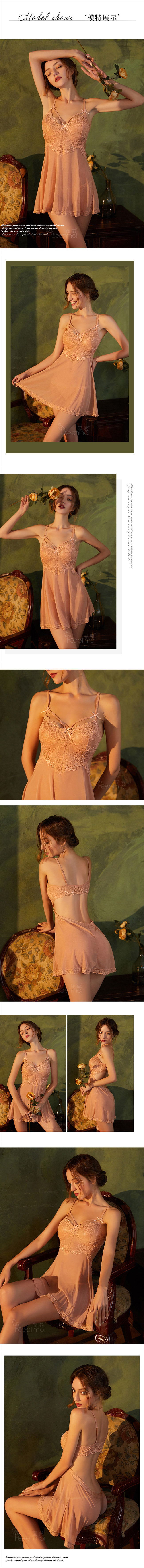 蕾絲網紗透視裸背性感睡衣 裸粉