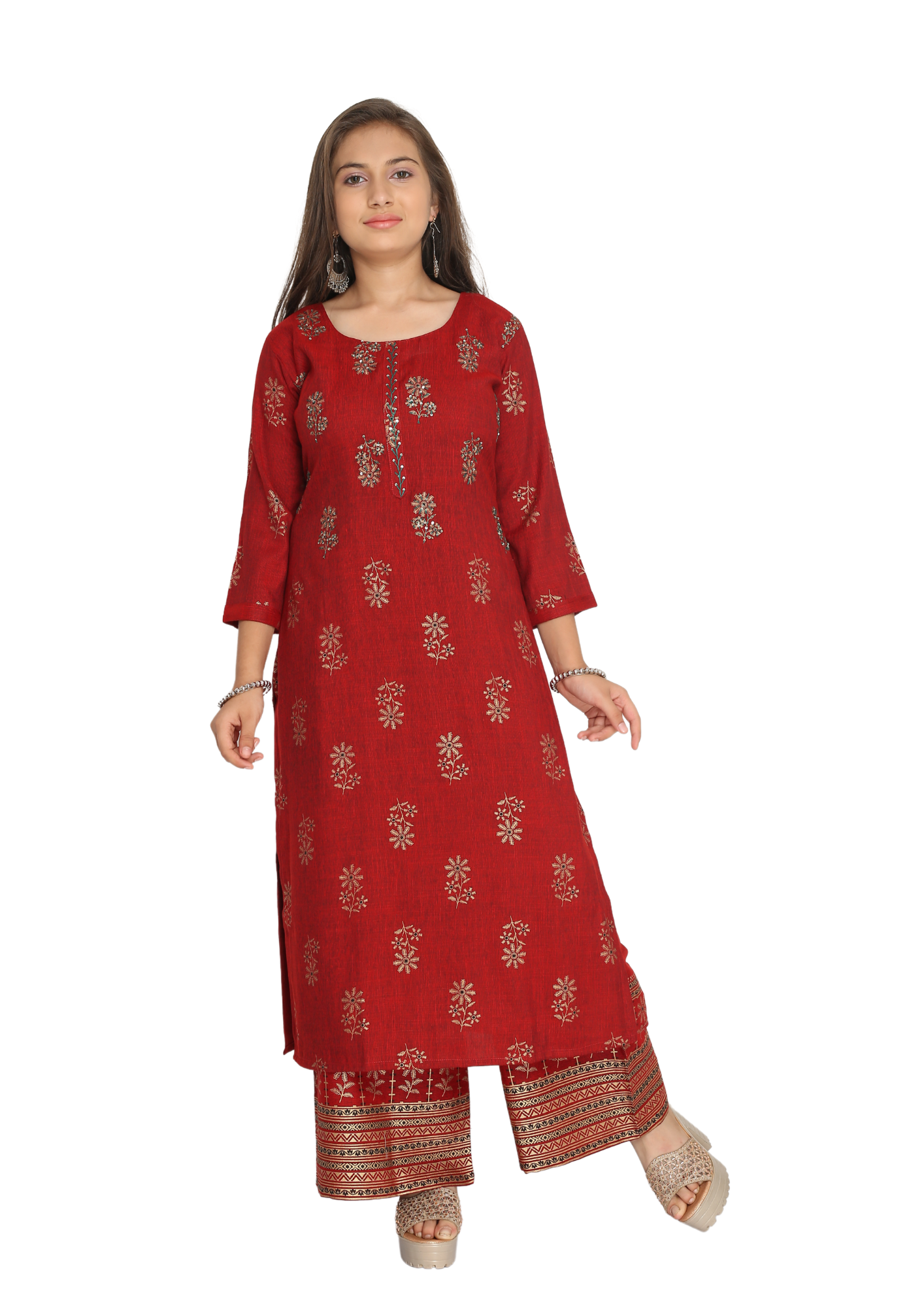 Girl Red Diamond Slub Gold Print Straight Kurti Palazzo Pant Set Q1437