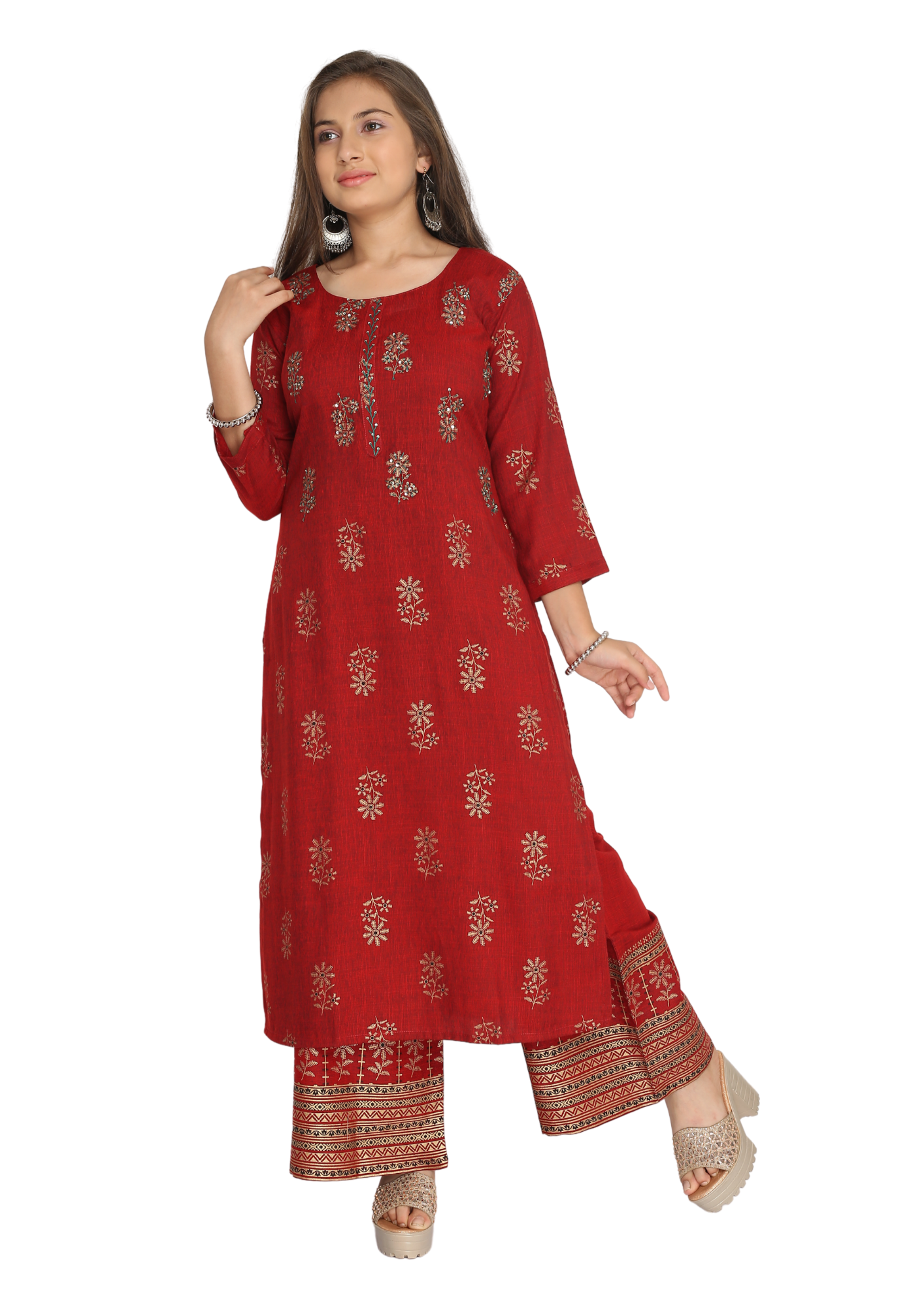 Girl Red Diamond Slub Gold Print Straight Kurti Palazzo Pant Set Q1437