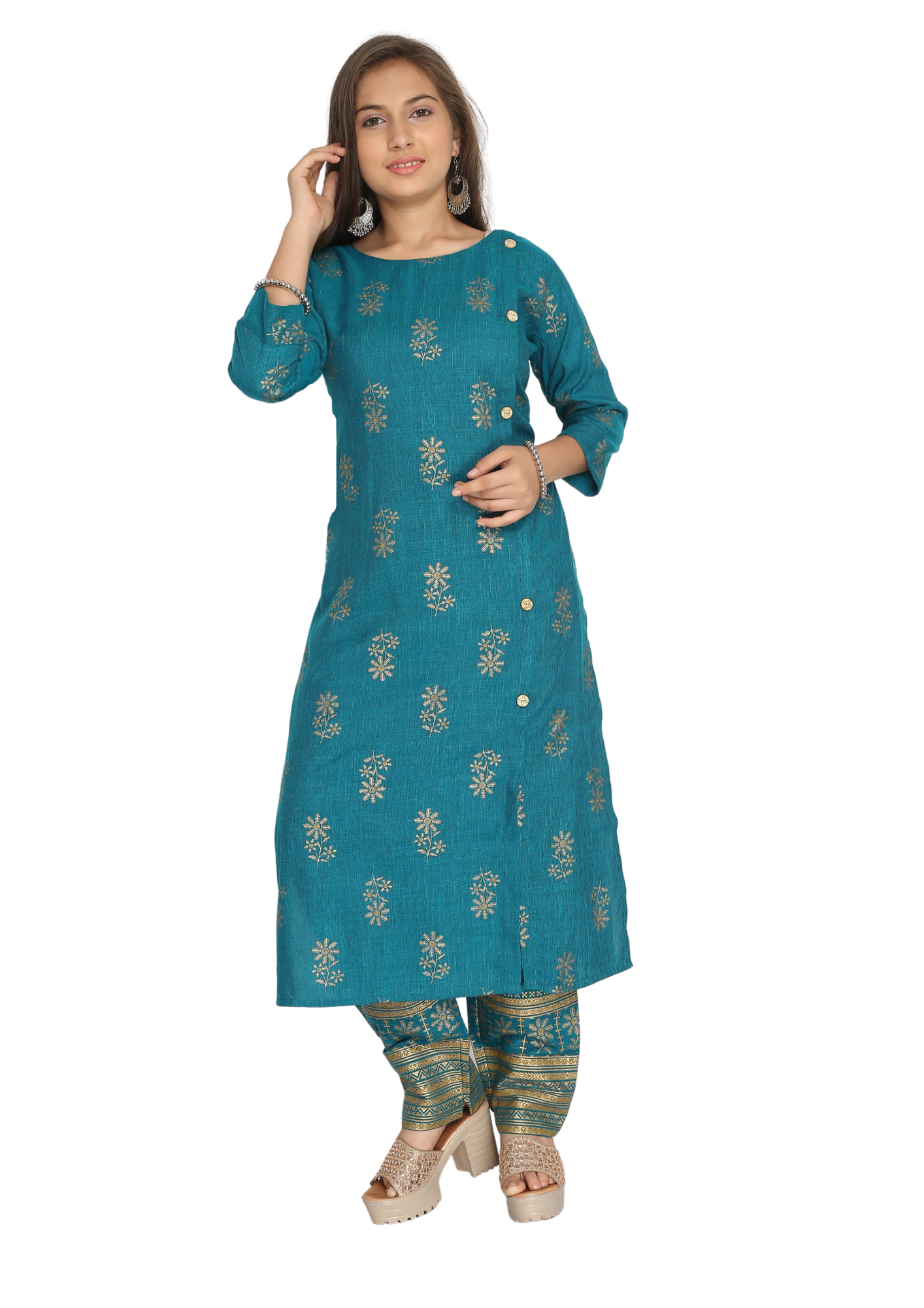 Girl Firozi Diamond Slub Gold Print Straight Kurti Palazzo Pant Set Q1438