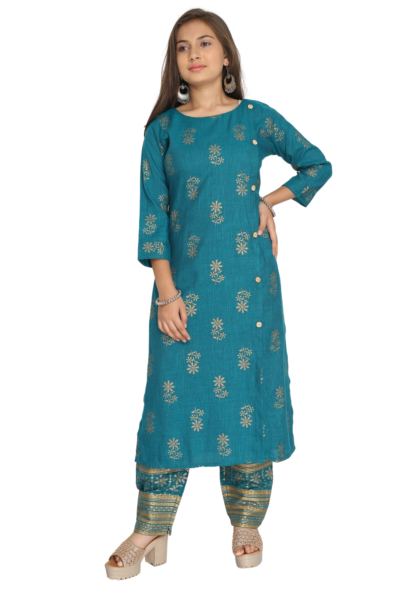 Girl Firozi Diamond Slub Gold Print Straight Kurti Palazzo Pant Set Q1438