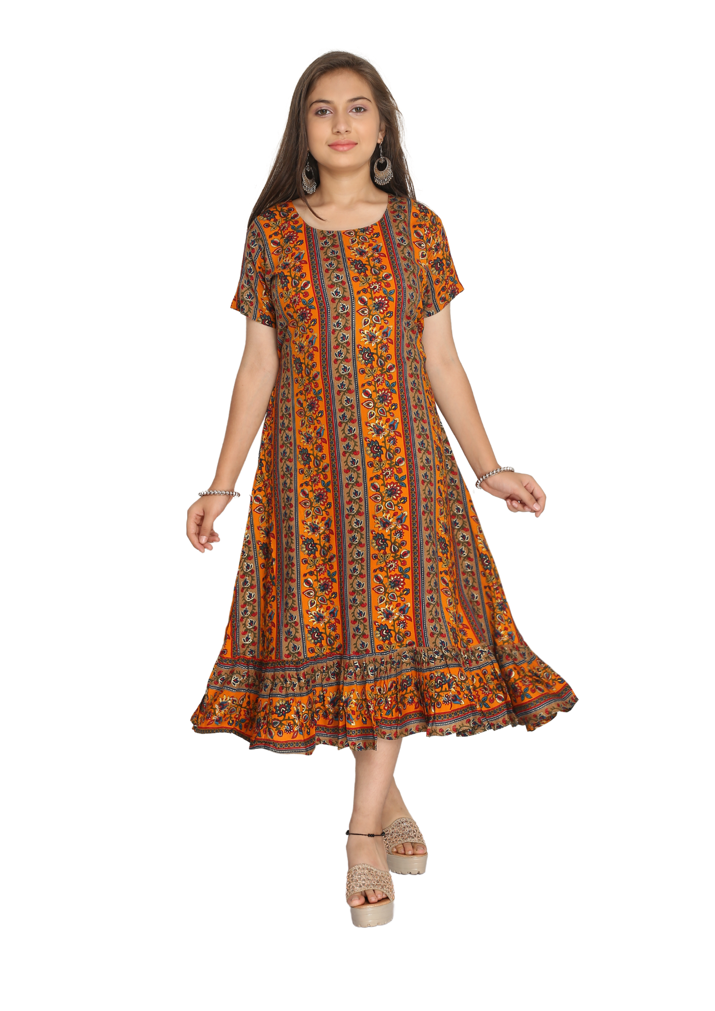 Girl Yellow Lurex Capsule Foil Flutter Hem Maxi Kurti Dress Q1441