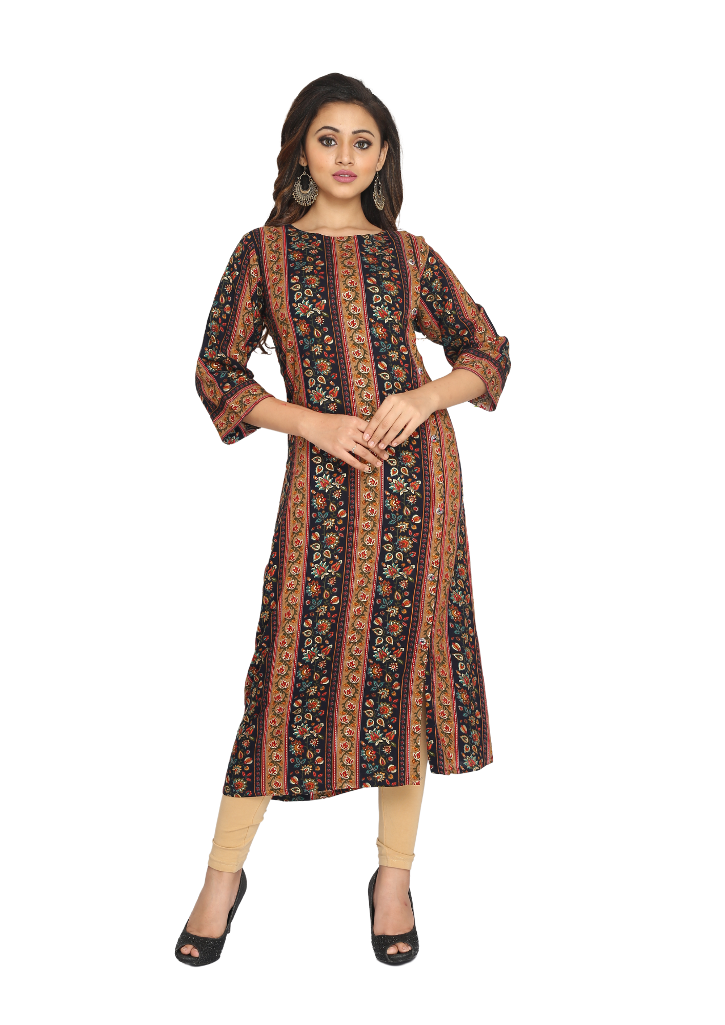 Women Black Lurex Capsule Foil Straight Kurti Q1442
