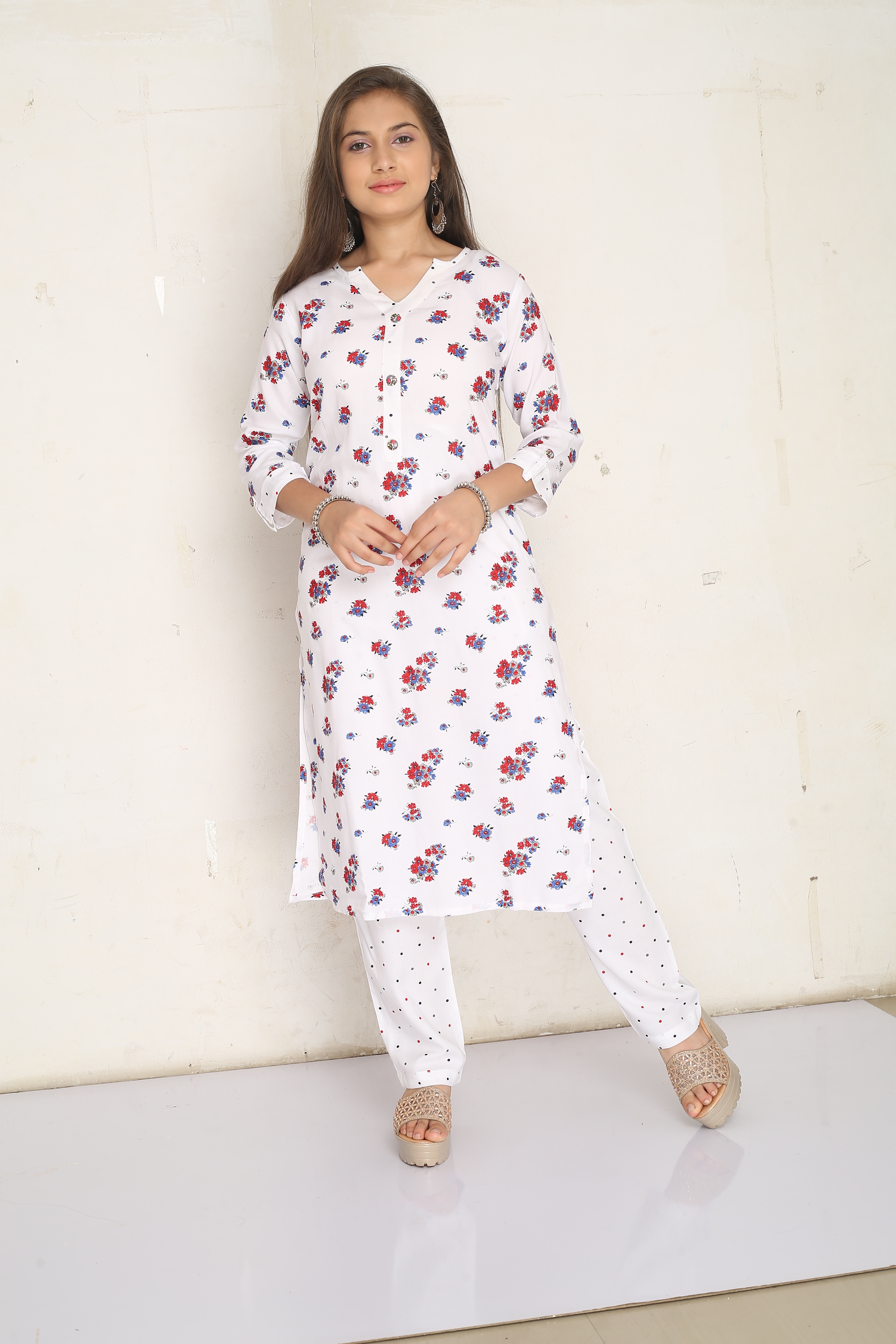 Girl White Rayon Lipika Straight Kurti Palazzo Pant Set Q1448