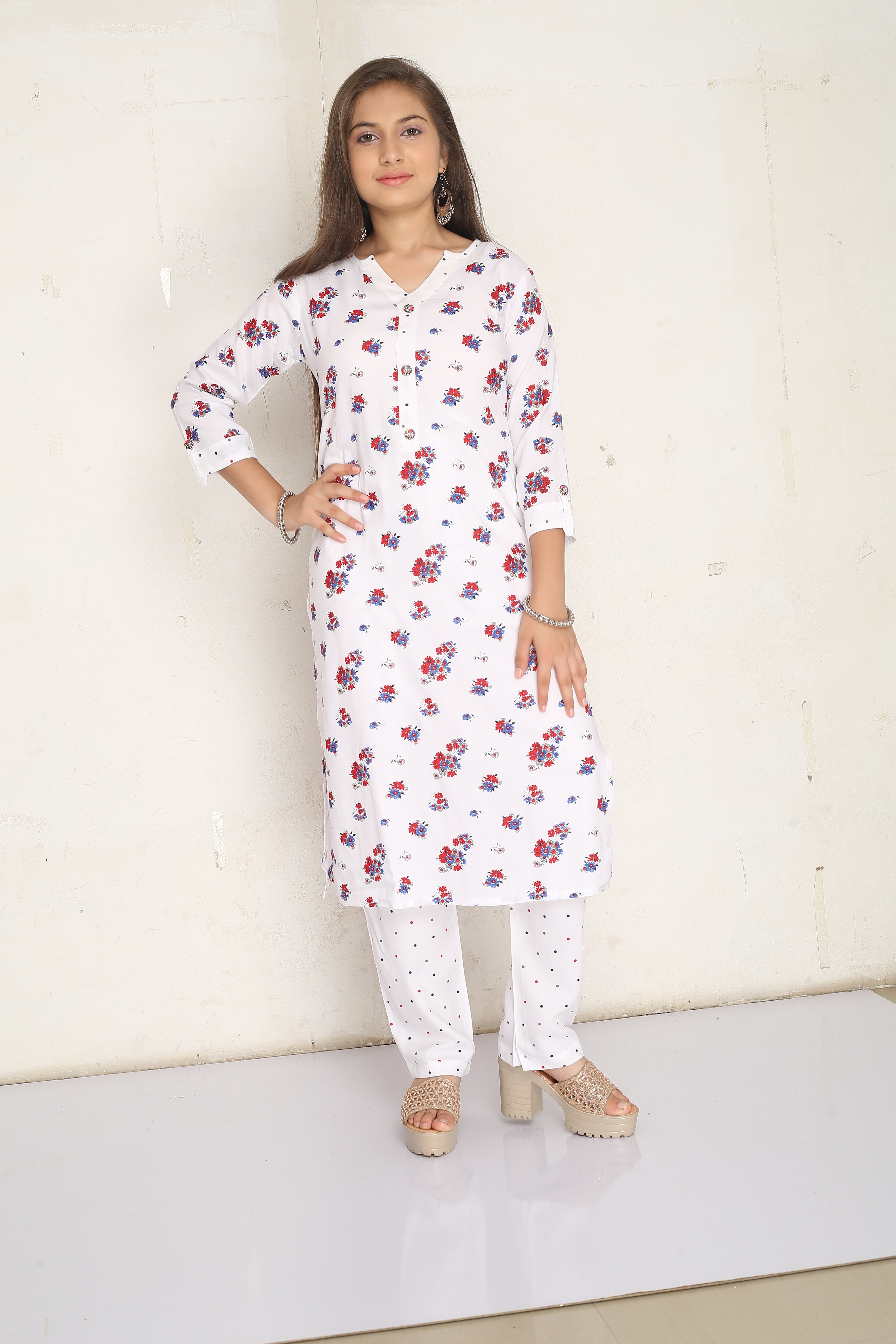 Girl White Rayon Lipika Straight Kurti Palazzo Pant Set Q1448