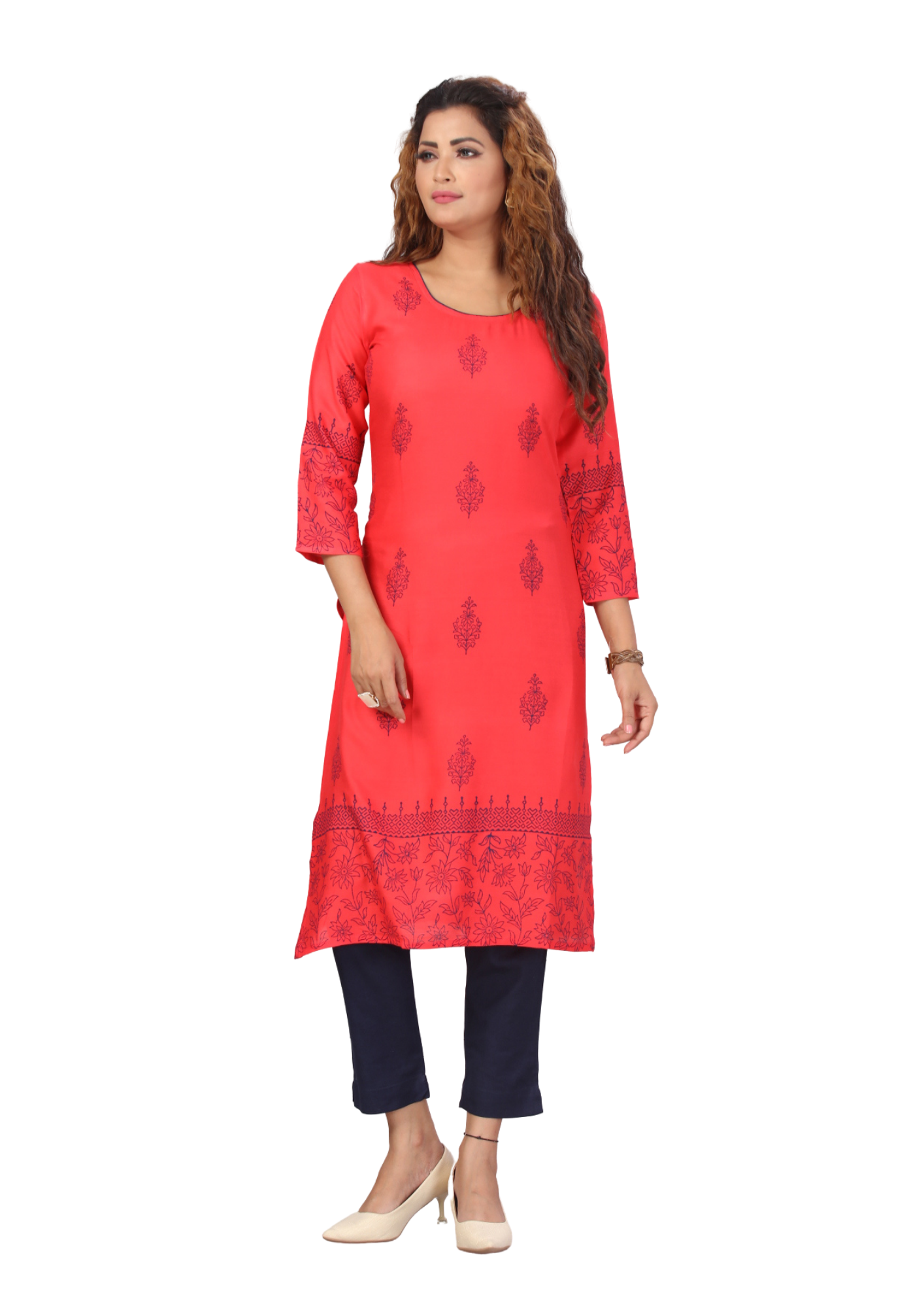 Women Red Printed LX Rayon Straight Long Kurti Top Q1452