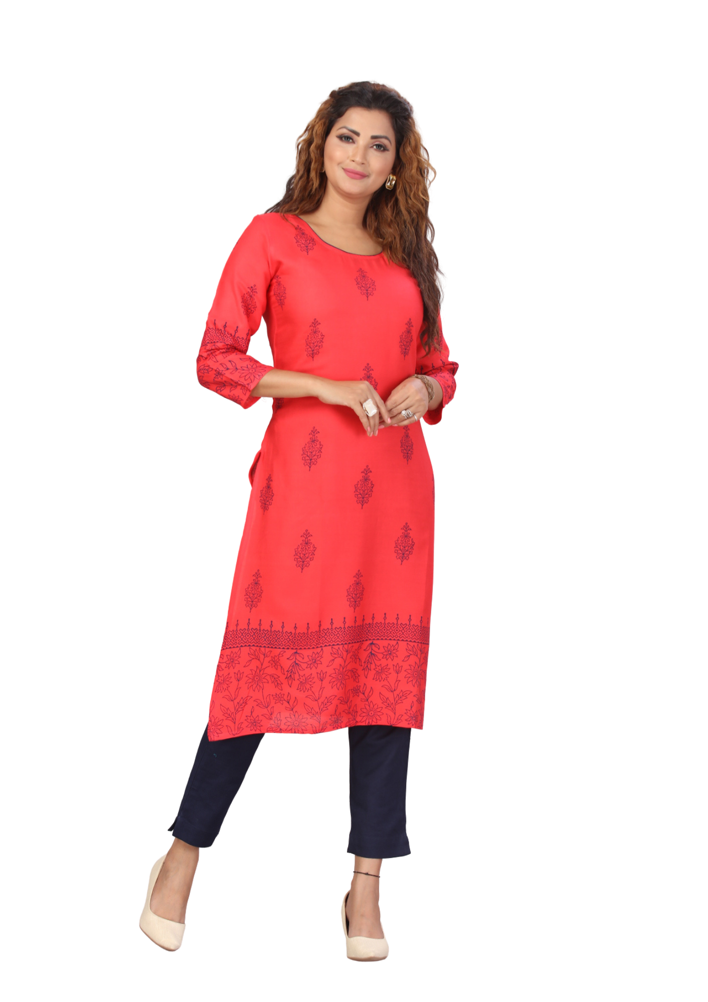 Women Red Printed LX Rayon Straight Long Kurti Top Q1452