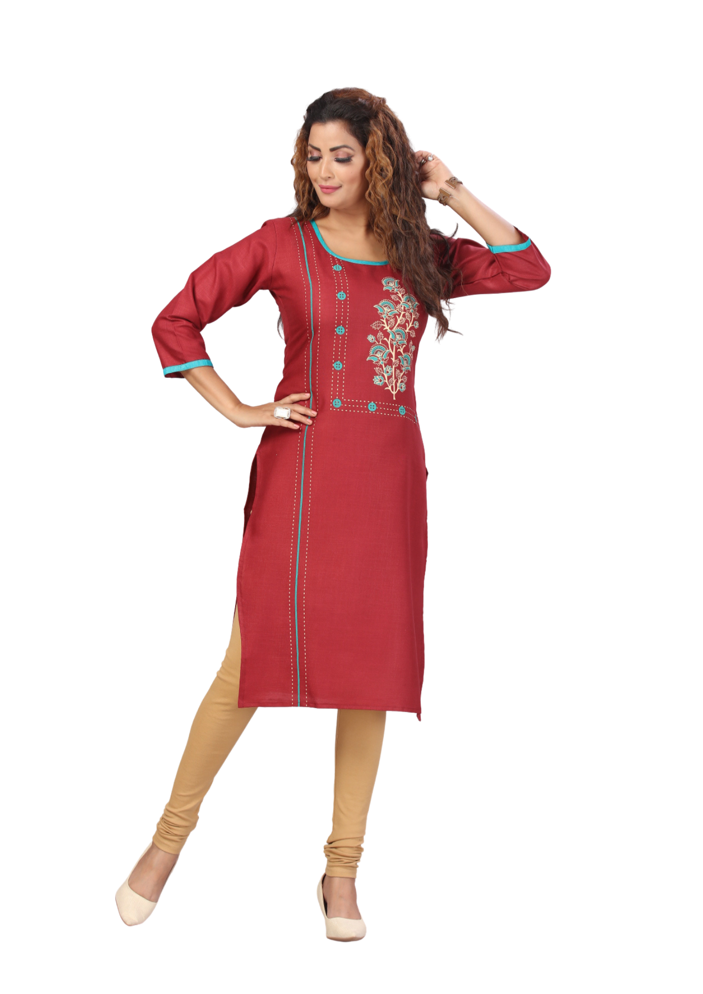 Women Red Printed Rayon Straight Long Kurti Top Q1454