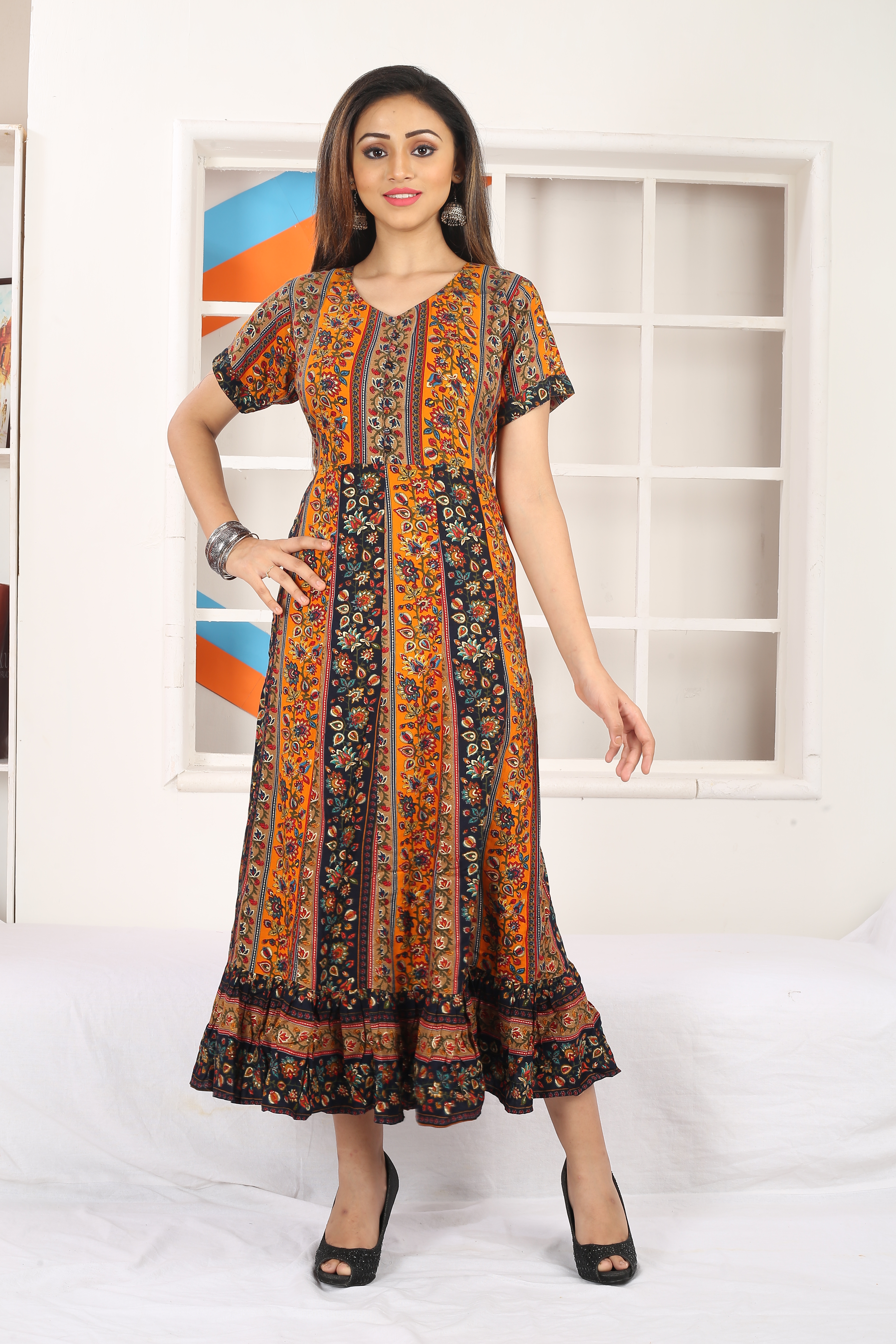 Women Black Yellow Lurex Capsule Foil Flutter Hem Maxi Kurti Dress Q1463