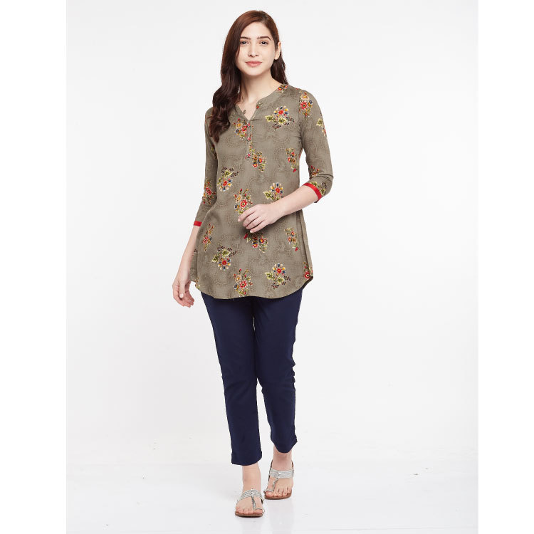Women Green Artichoke Floral Soft Cool Easy Care Short Kurti Top Q1475