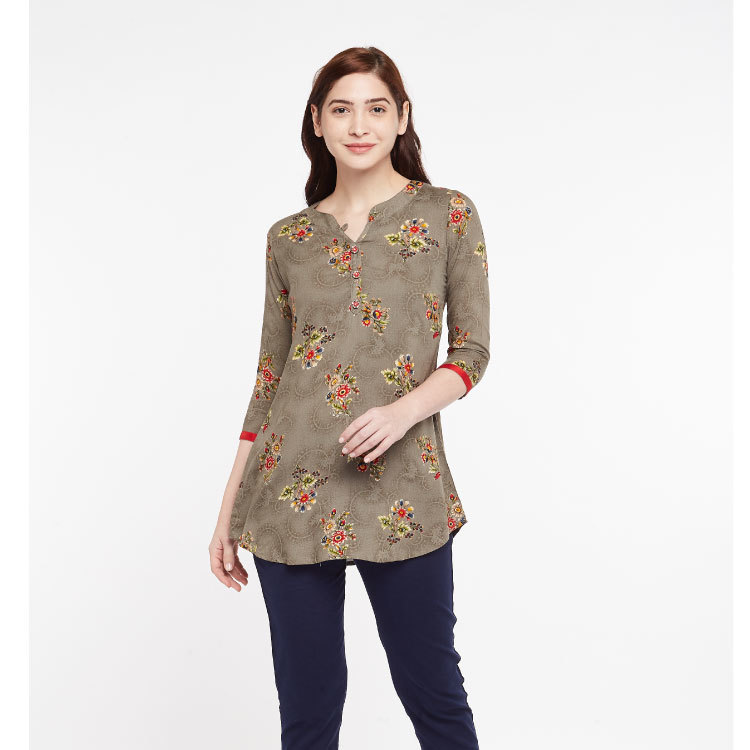 Women Green Artichoke Floral Soft Cool Easy Care Short Kurti Top Q1475