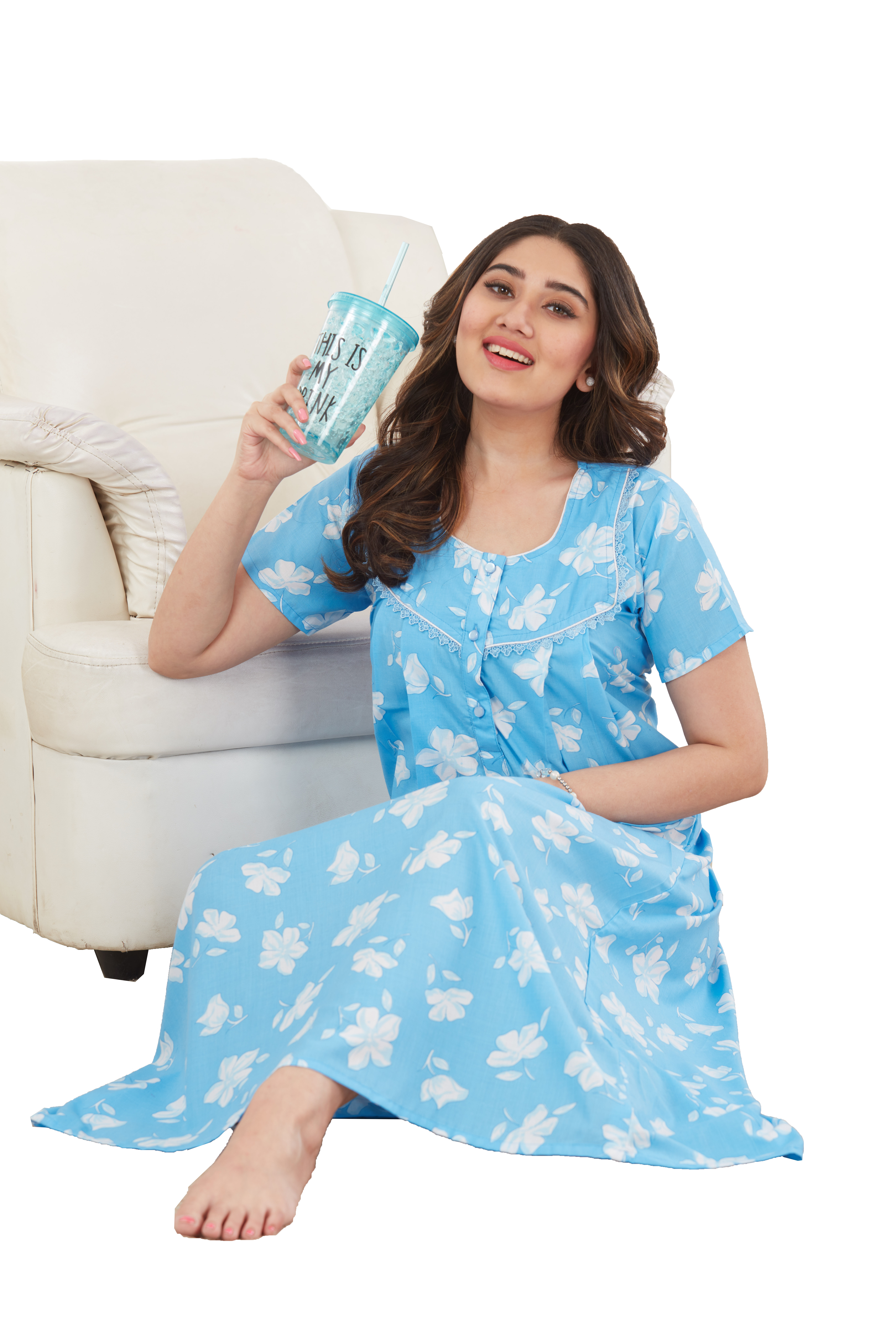 Women Blue Comfy Cotton Pleated Maxi Night Gown House Coat Q1482