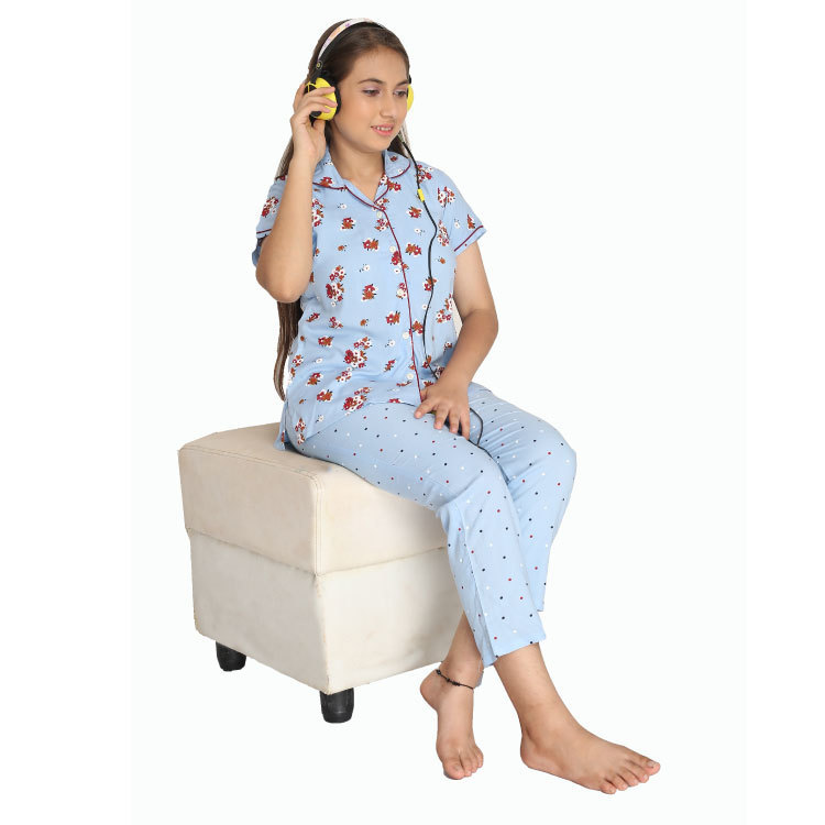 Girl Blue Lipika Print Night Suit Set Pyjamas Q1486