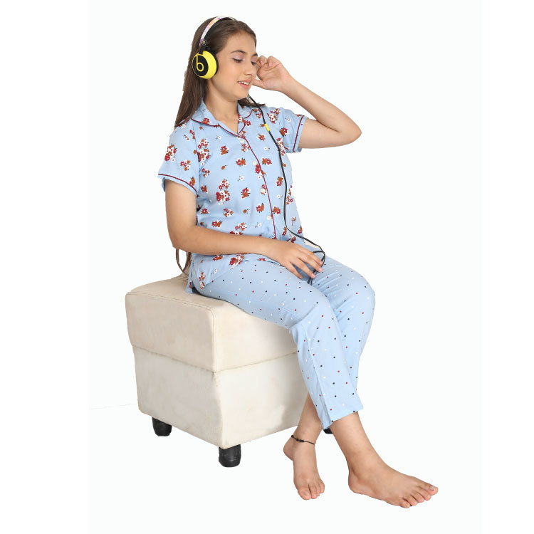 Girl Blue Lipika Print Night Suit Set Pyjamas Q1486