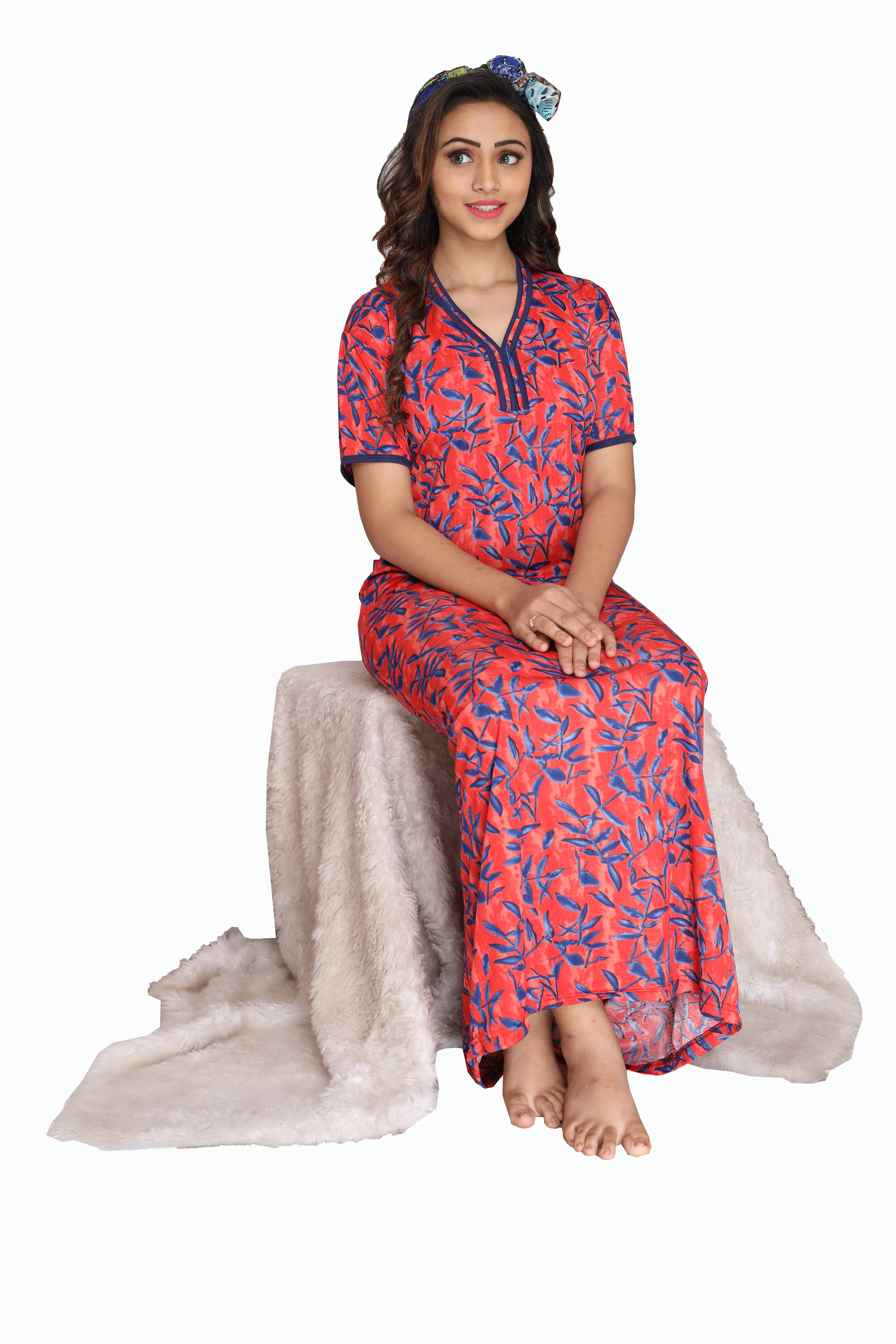 Women Orange Jersey Stretchable Hand Washable Maxi Night House Coat With Pocket Q1487