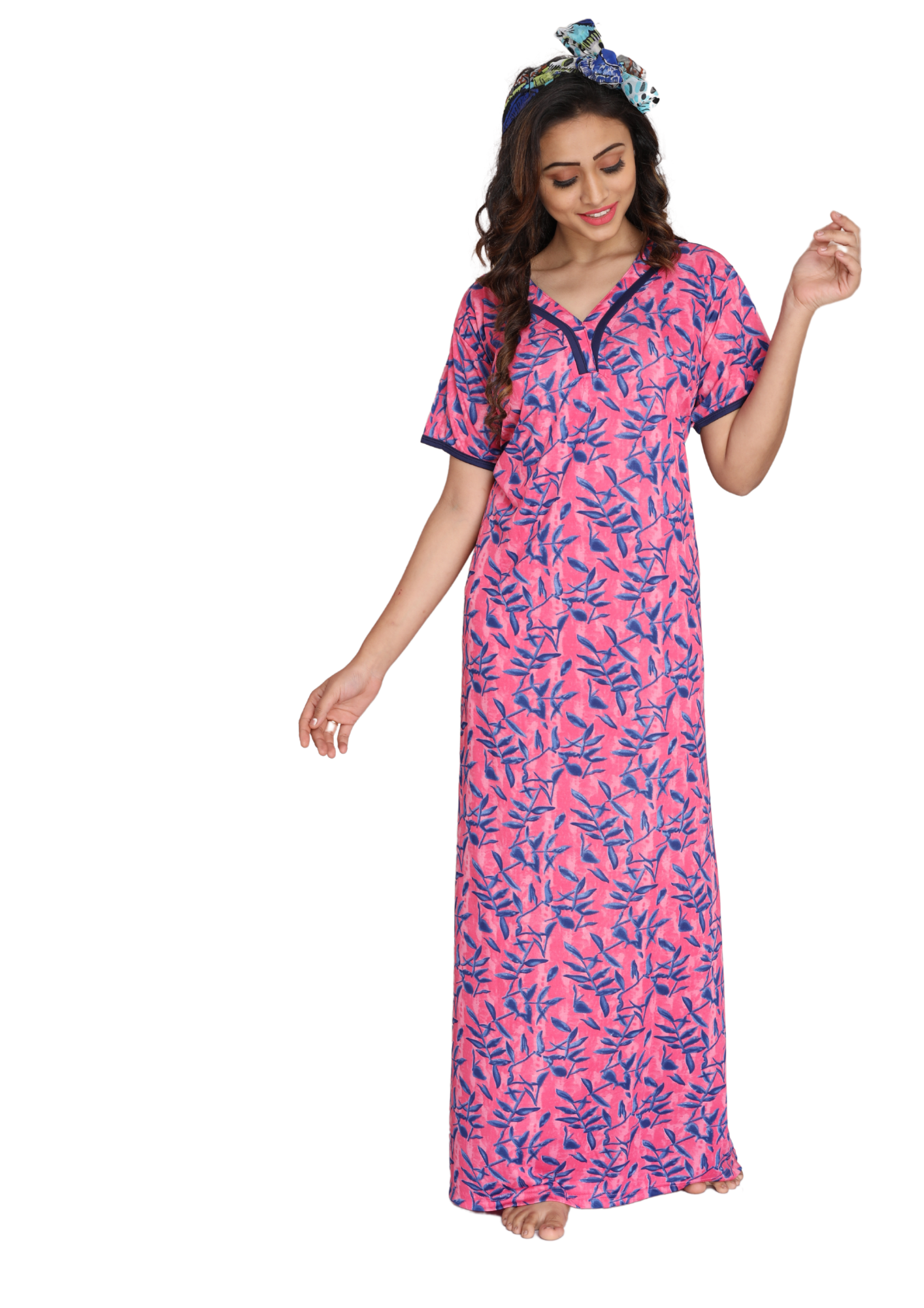 Women Pink Jersey Stretchable Hand Washable Maxi Night House Coat With Pocket Q1488