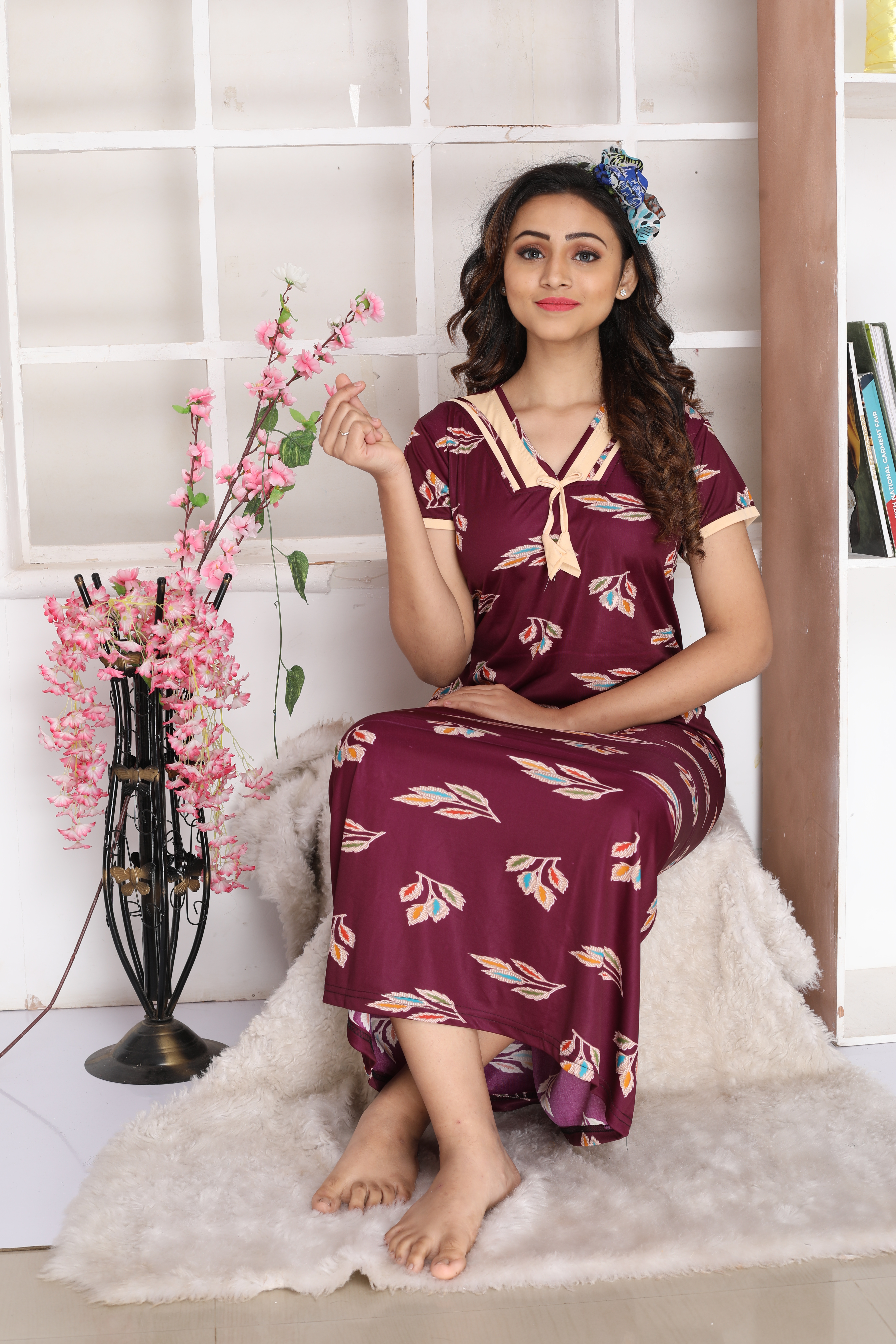 Women Wine Jersey Stretchable Hand Washable Maxi Night House Coat With Pocket Q1492