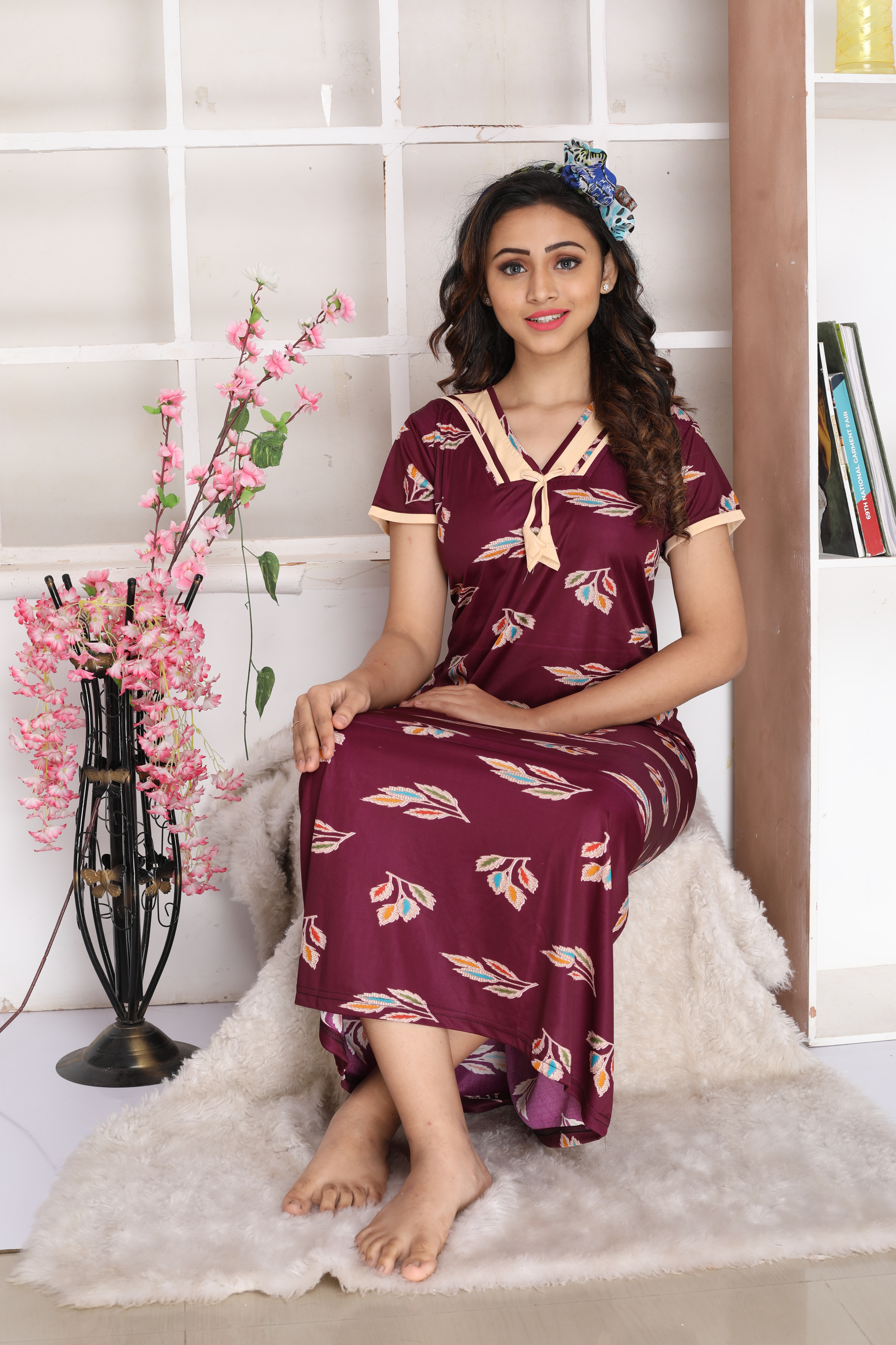 Women Wine Jersey Stretchable Hand Washable Maxi Night House Coat With Pocket Q1492