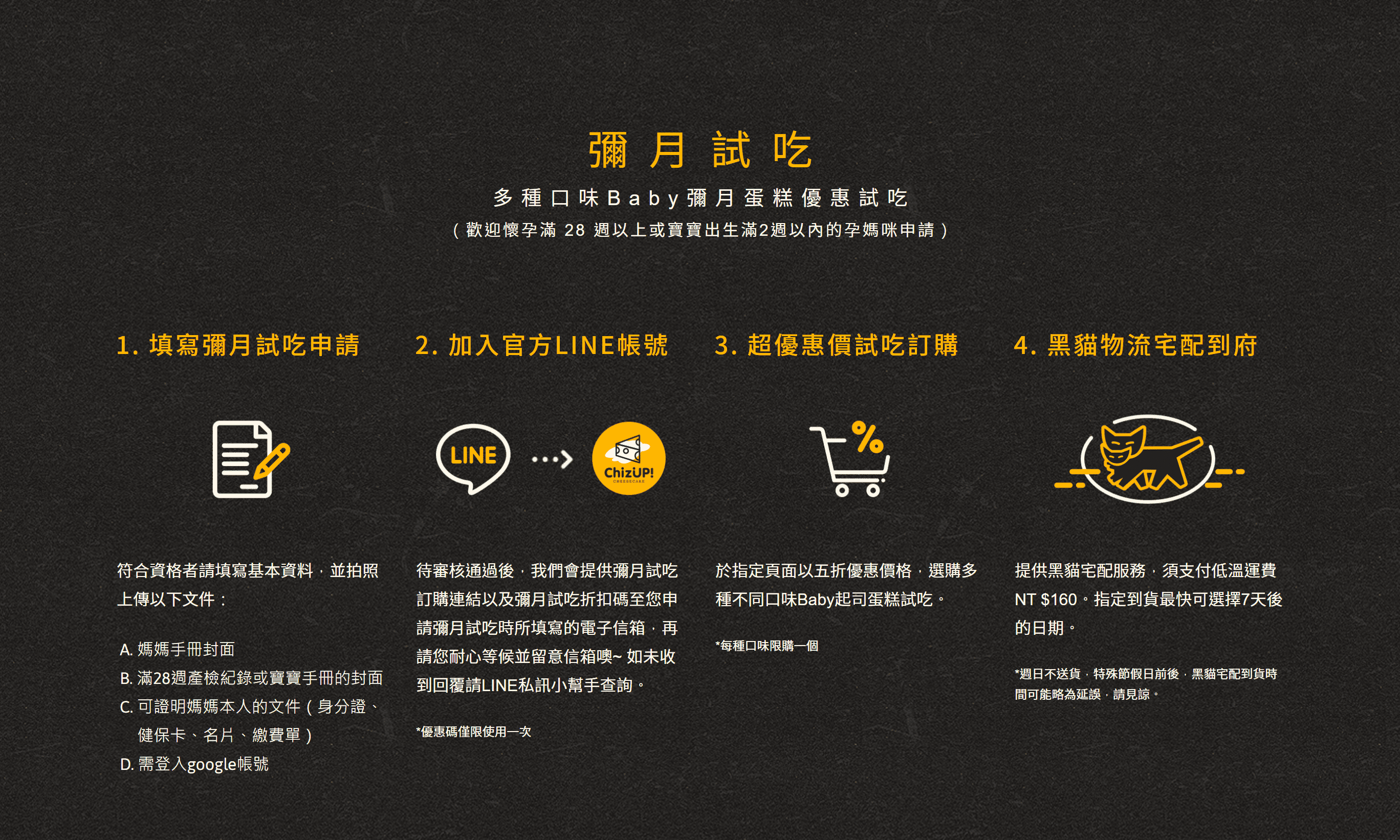 多種口味BABY蛋糕五折優惠彌月試吃，全台蛋糕宅配低溫安心送到家。手工製作的美式重乳酪蛋糕，傳承紐約百年私房配方，搭配世界各地高級食材與奶油餅乾酥底，持續創造驚喜口味，烙印最重要的日子，寶寶專屬的生日蛋糕與彌月蛋糕推薦！