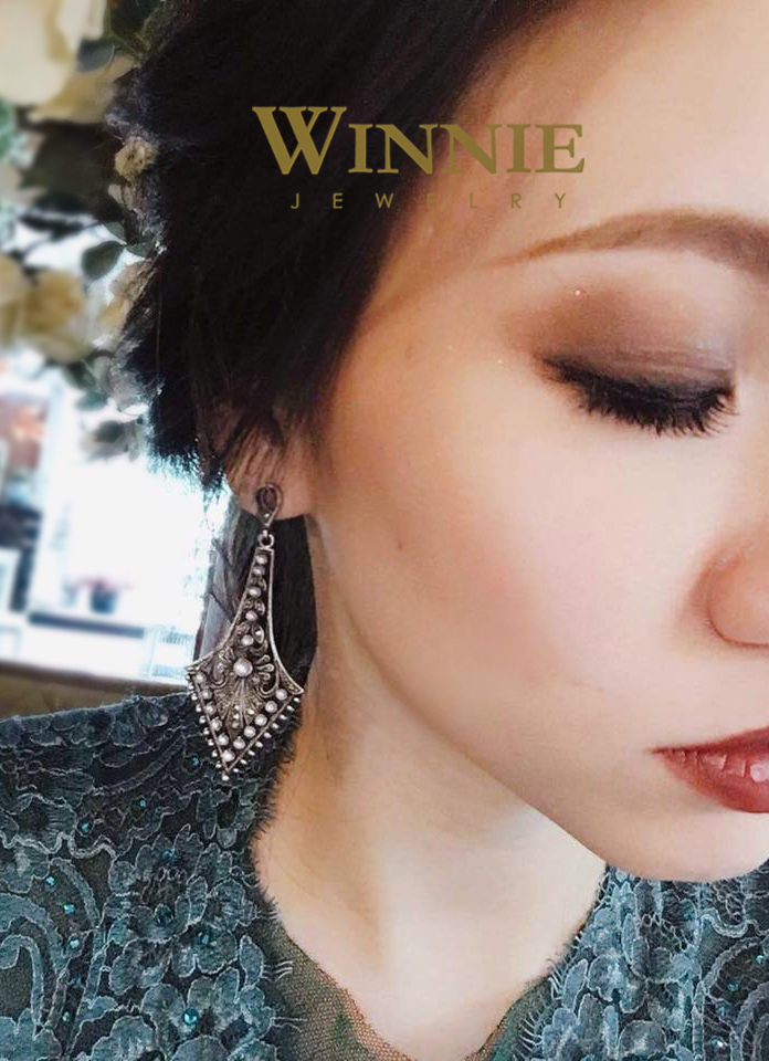 尖蕾絲片珍珠耳環